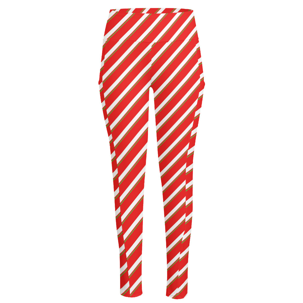 Candy Cane Stripe Pattern Print High-Waisted Pocket Leggings