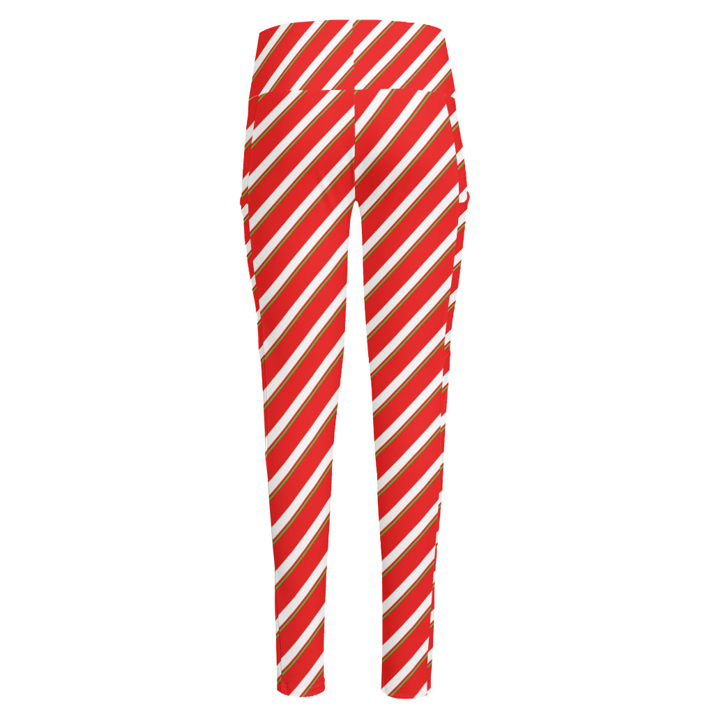 Candy Cane Stripe Pattern Print High-Waisted Pocket Leggings