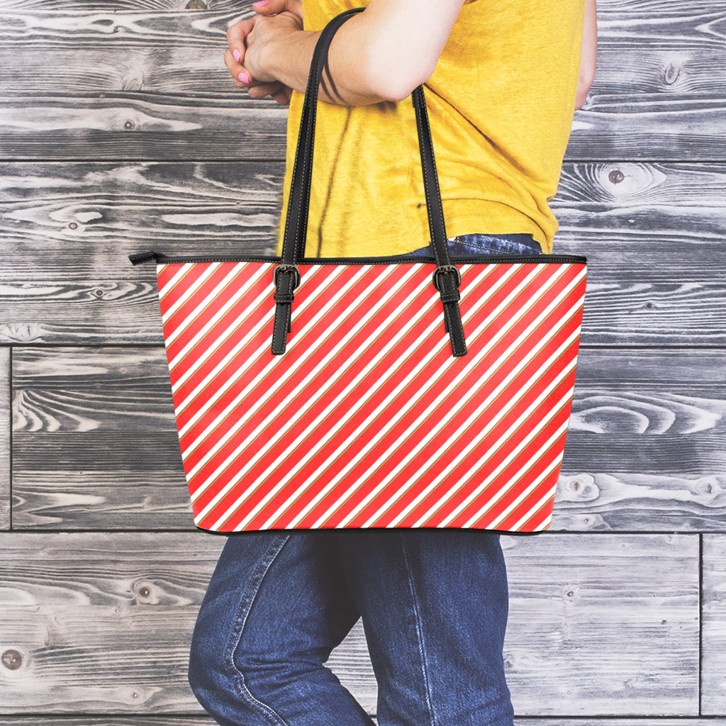 Candy Cane Stripe Pattern Print Leather Tote Bag