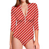Candy Cane Stripe Pattern Print Long Sleeve Swimsuit