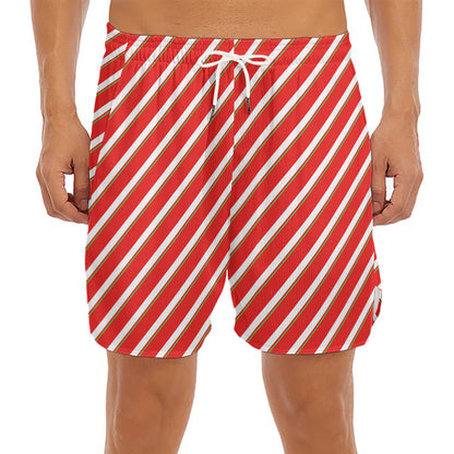 Candy Cane Stripe Pattern Print Men's Split Running Shorts