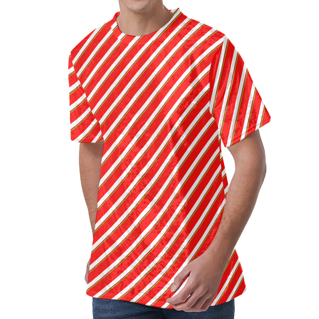 Candy Cane Stripe Pattern Print Men's Velvet T-Shirt