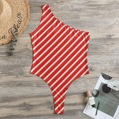 Candy Cane Stripe Pattern Print One Shoulder Bodysuit
