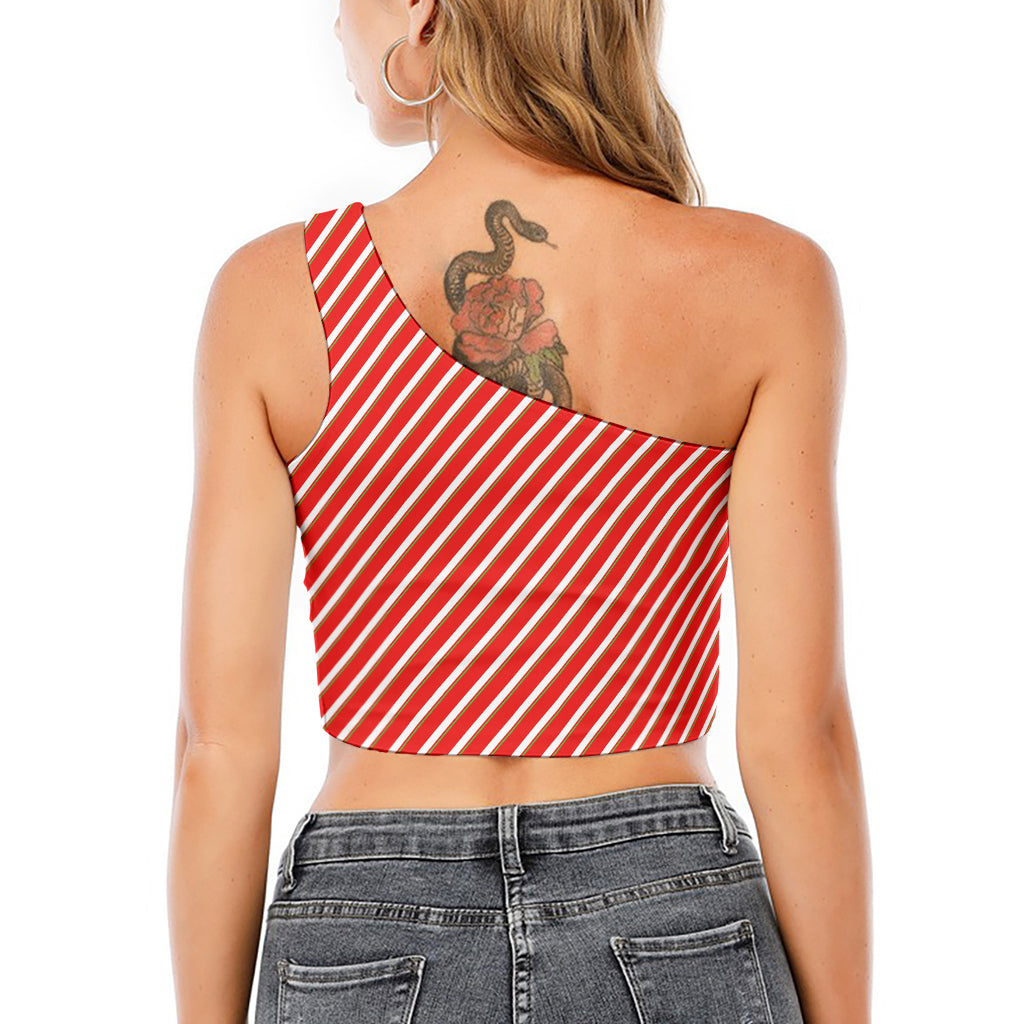 Candy Cane Stripe Pattern Print One Shoulder Crop Top