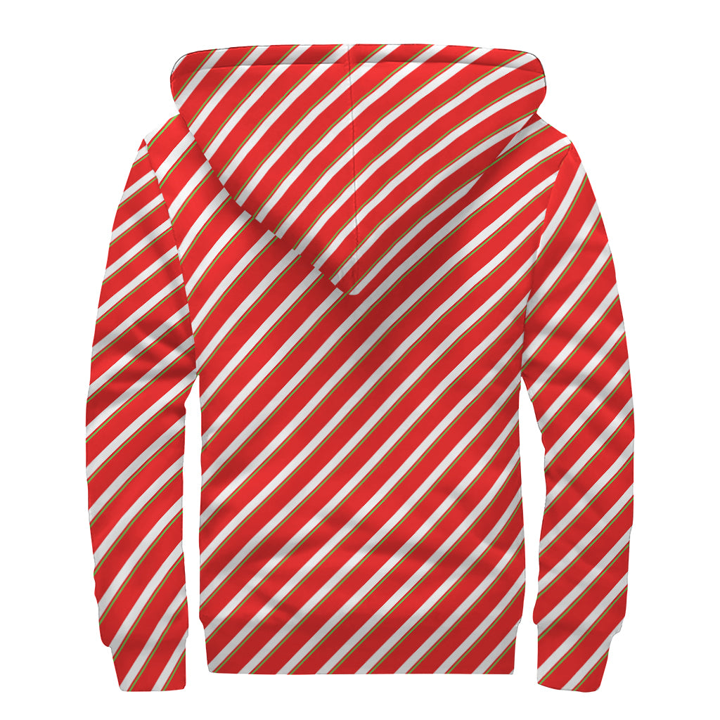 Candy Cane Stripe Pattern Print Sherpa Lined Zip Up Hoodie
