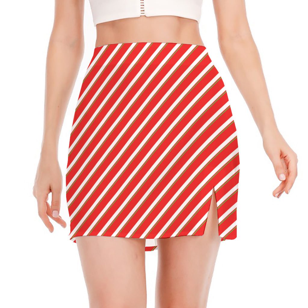 Candy Cane Stripe Pattern Print Side Slit Mini Skirt