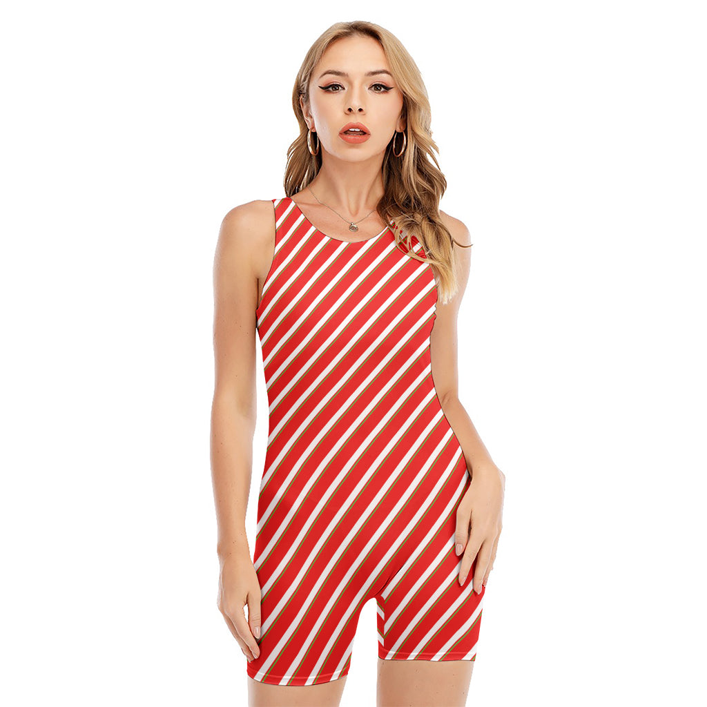 Candy Cane Stripe Pattern Print Sleeveless One Piece Swimsuit