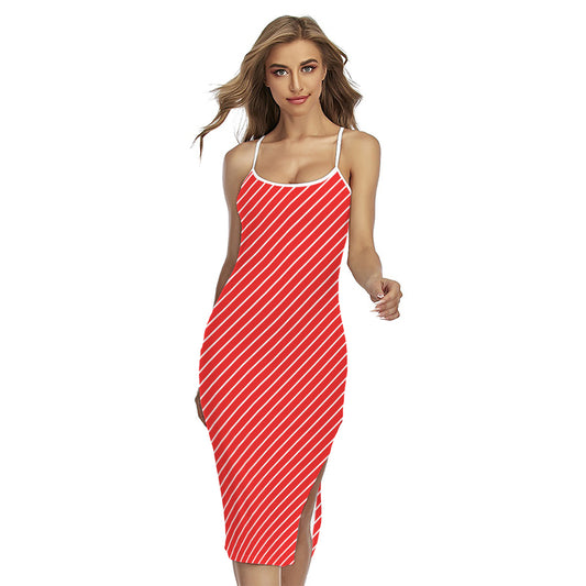 Candy Cane Striped Pattern Print Cross Back Cami Dress