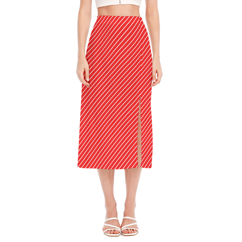 Candy Cane Striped Pattern Print Side Slit Midi Skirt