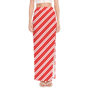 Candy Cane Stripes Pattern Print High Slit Maxi Skirt