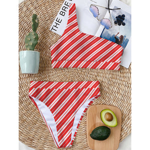 Candy Cane Stripes Pattern Print One Shoulder Bikini Top