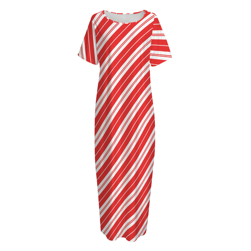 Candy Cane Stripes Pattern Print Short Sleeve Long Nightdress