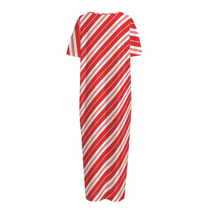 Candy Cane Stripes Pattern Print Short Sleeve Long Nightdress