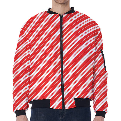 Candy Cane Stripes Pattern Print Zip Sleeve Bomber Jacket