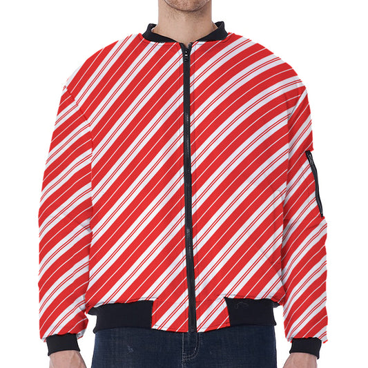 Candy Cane Stripes Pattern Print Zip Sleeve Bomber Jacket