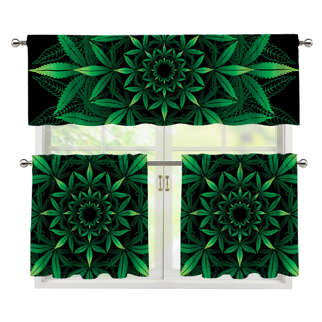 Cannabis Leaf Mandala Print 3 Piece Kitchen Curtains