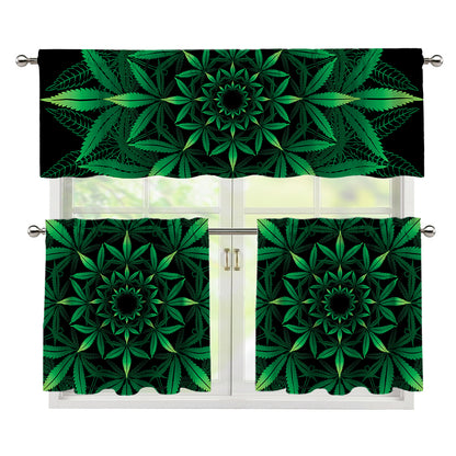 Cannabis Leaf Mandala Print 3 Piece Kitchen Curtains