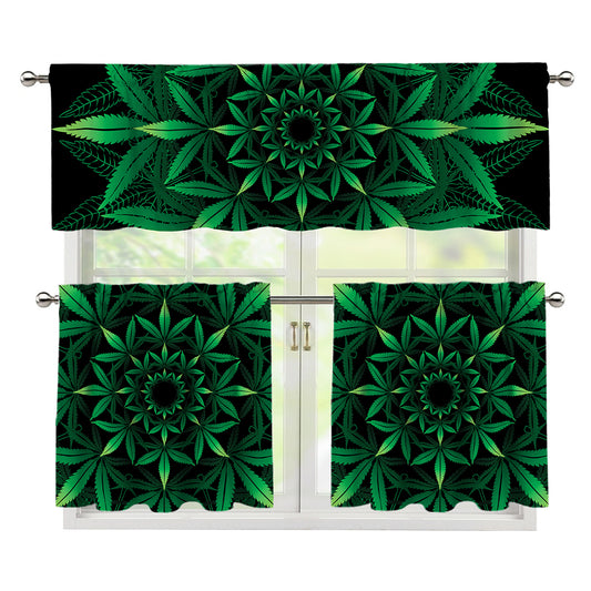 Cannabis Leaf Mandala Print 3 Piece Kitchen Curtains