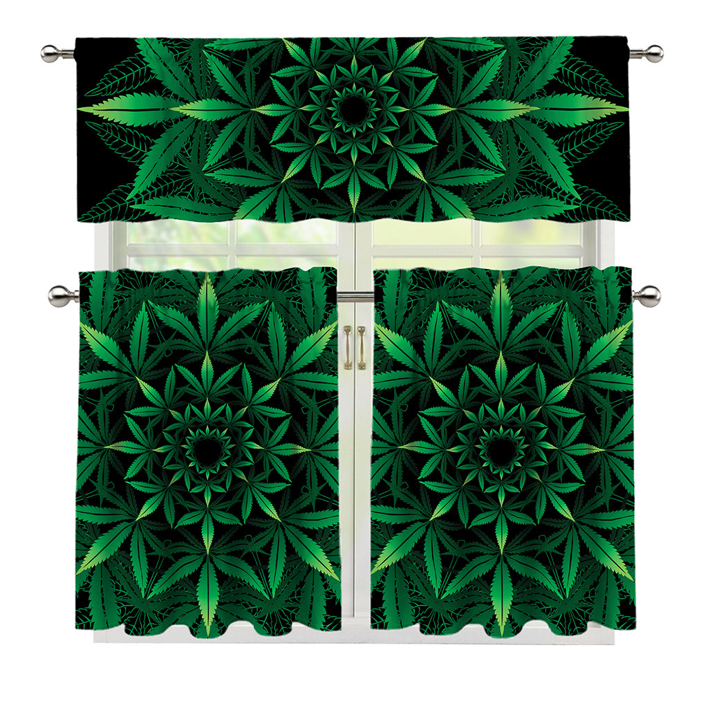 Cannabis Leaf Mandala Print 3 Piece Kitchen Curtains