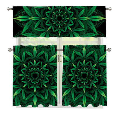 Cannabis Leaf Mandala Print 3 Piece Kitchen Curtains