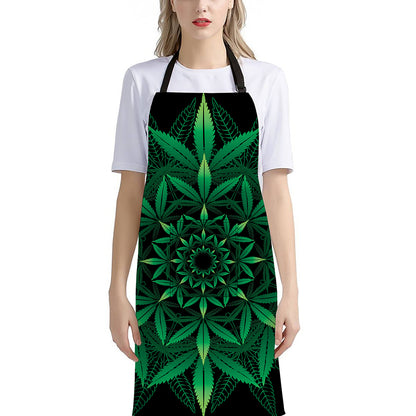 Cannabis Leaf Mandala Print Bib Apron With Pocket