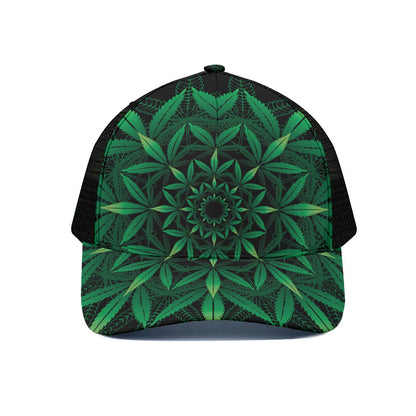 Cannabis Leaf Mandala Print Black Mesh Trucker Cap
