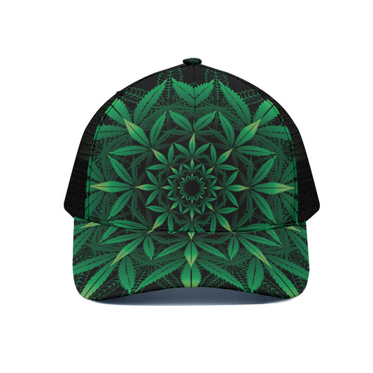 Cannabis Leaf Mandala Print Black Mesh Trucker Cap
