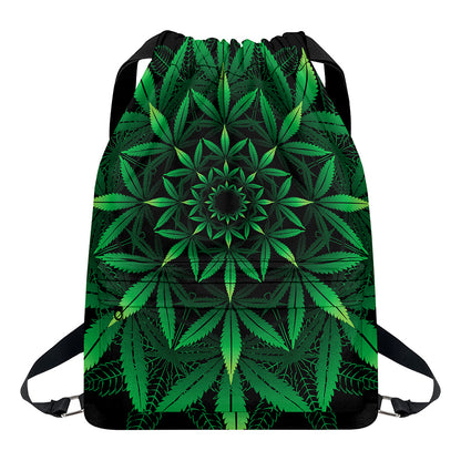 Cannabis Leaf Mandala Print Drawstring Backpack