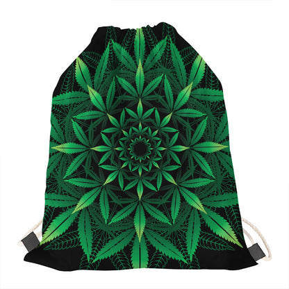 Cannabis Leaf Mandala Print Drawstring Bag
