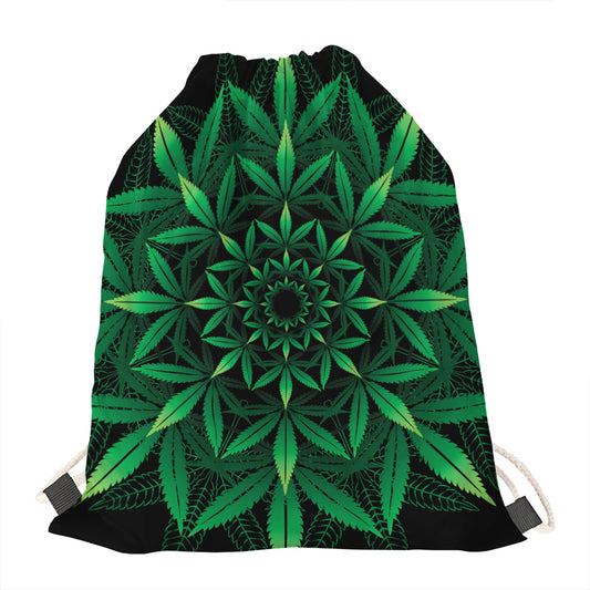Cannabis Leaf Mandala Print Drawstring Bag