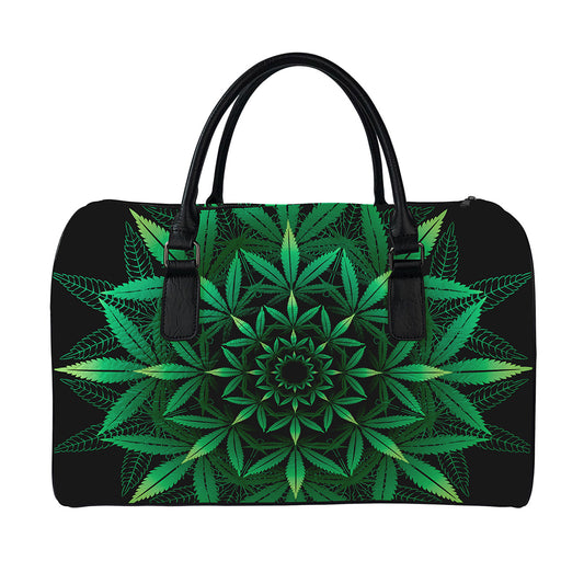 Cannabis Leaf Mandala Print Leather Duffle Bag