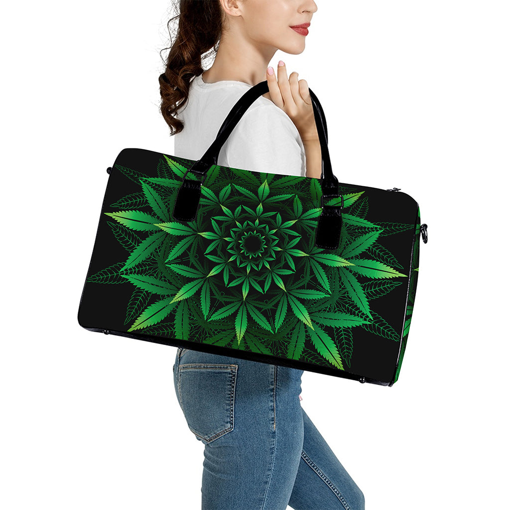 Cannabis Leaf Mandala Print Leather Duffle Bag
