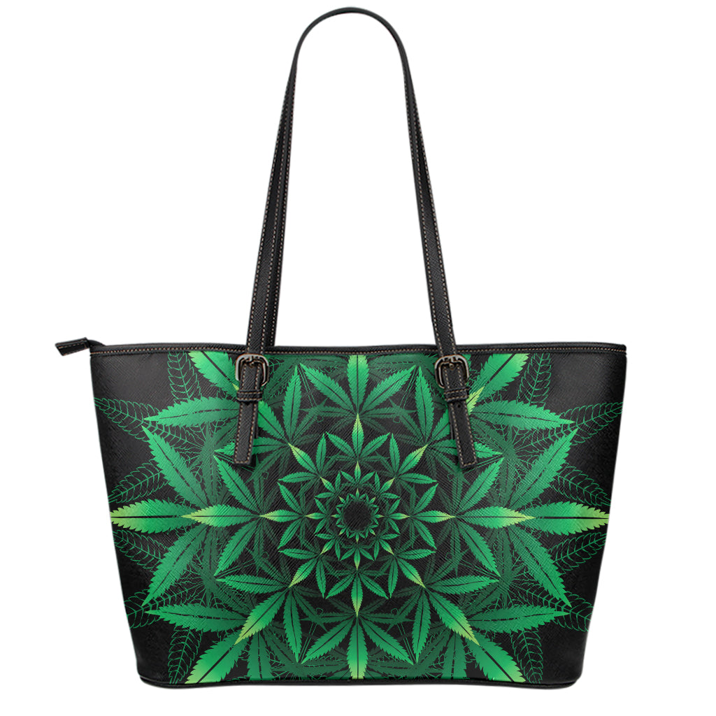 Cannabis Leaf Mandala Print Leather Tote Bag