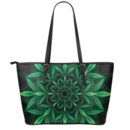 Cannabis Leaf Mandala Print Leather Tote Bag