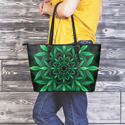 Cannabis Leaf Mandala Print Leather Tote Bag