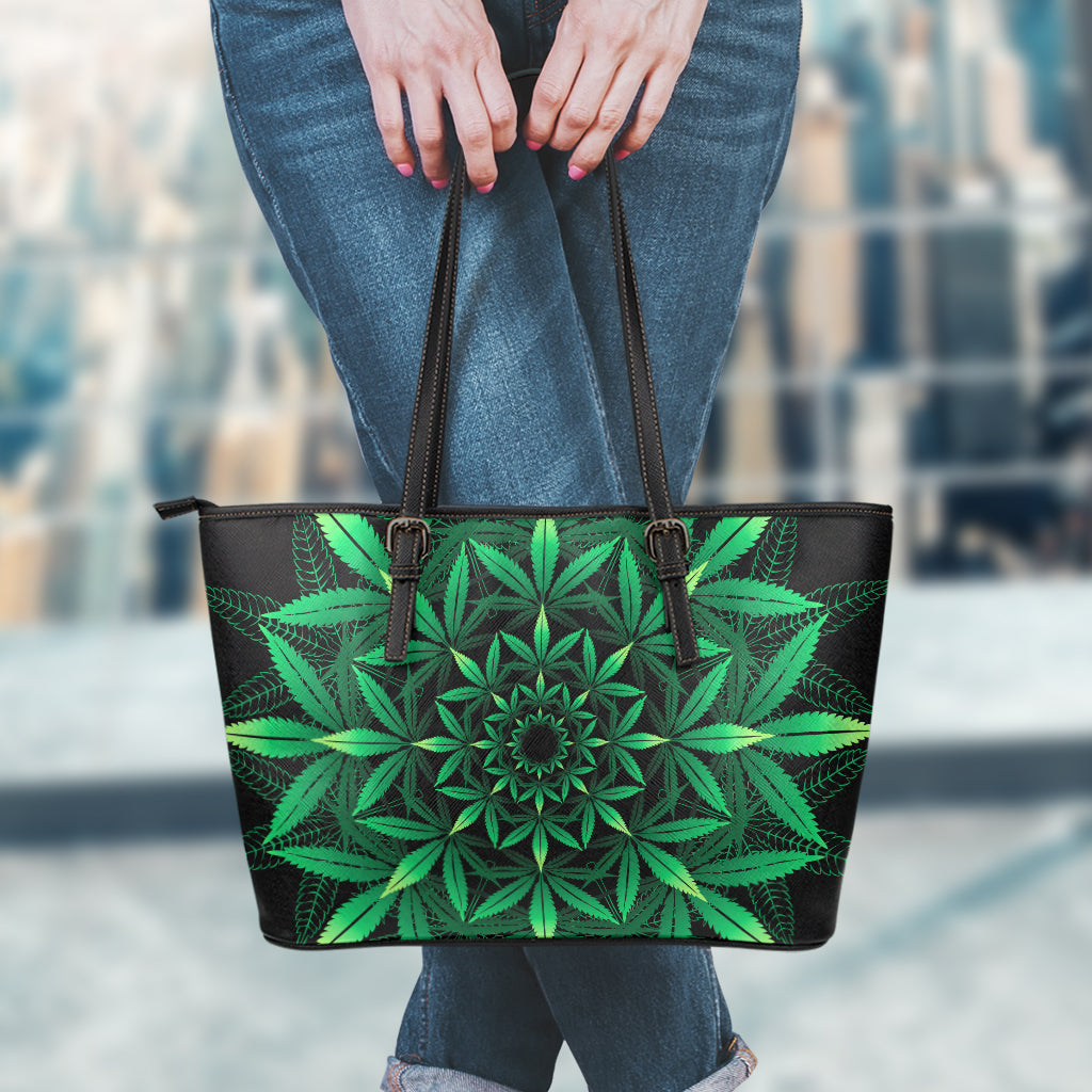 Cannabis Leaf Mandala Print Leather Tote Bag