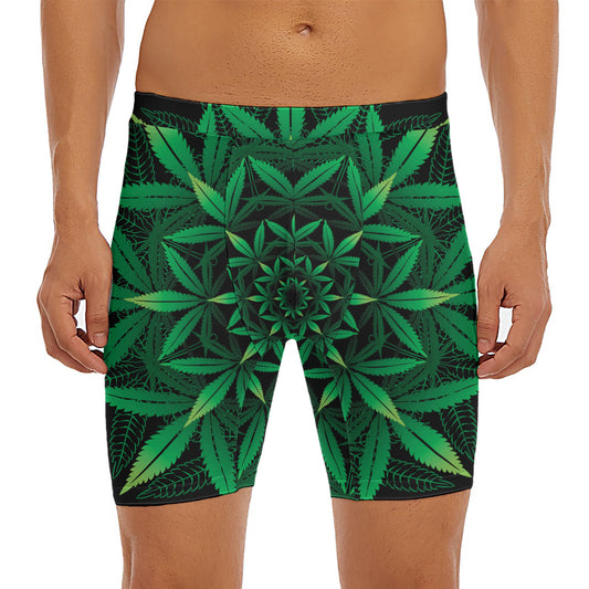 Cannabis Leaf Mandala Print Men's Long Boxer Briefs