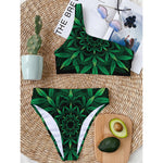 Cannabis Leaf Mandala Print One Shoulder Bikini Top