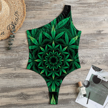 Cannabis Leaf Mandala Print One Shoulder Bodysuit