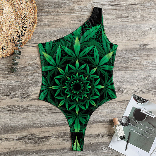 Cannabis Leaf Mandala Print One Shoulder Bodysuit