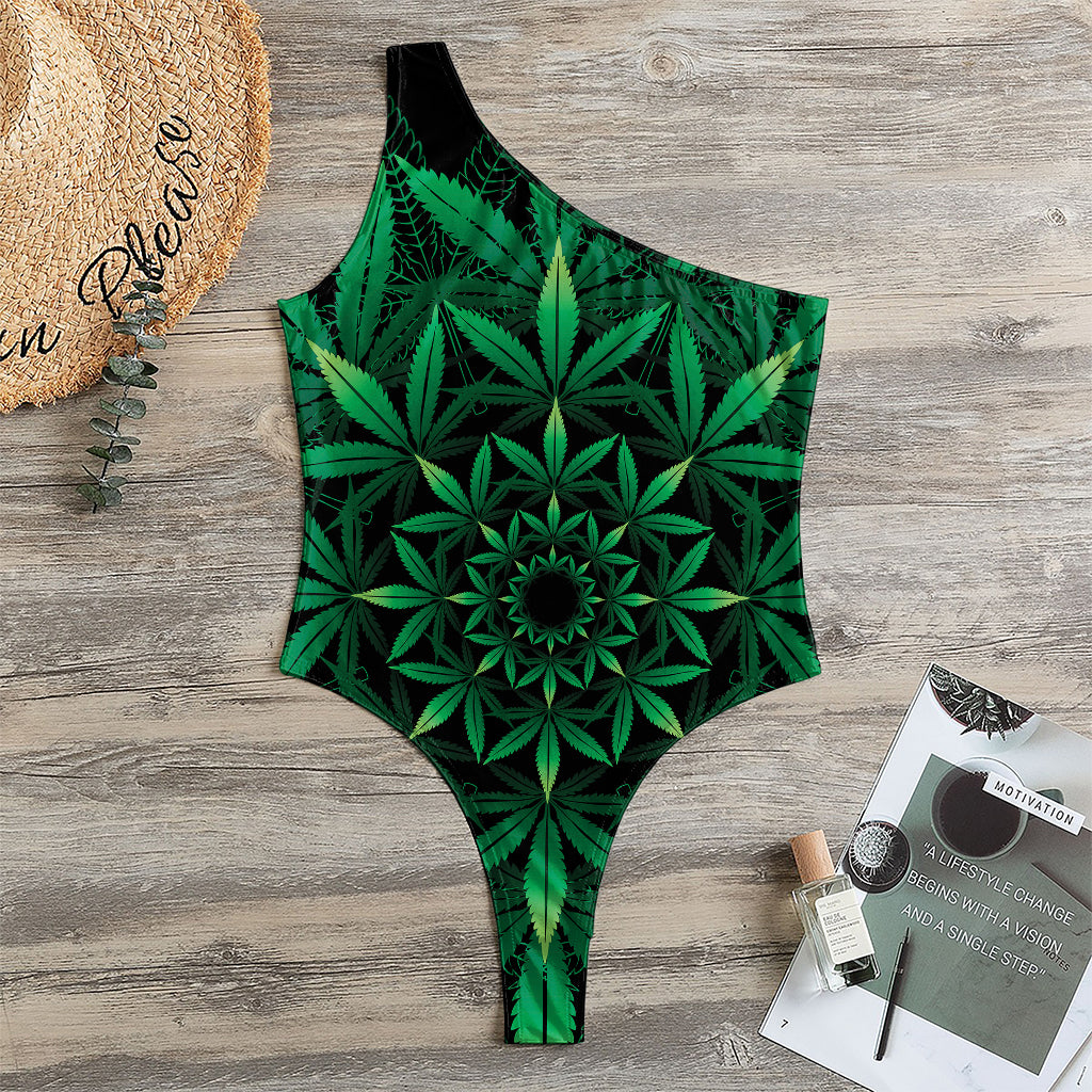 Cannabis Leaf Mandala Print One Shoulder Bodysuit