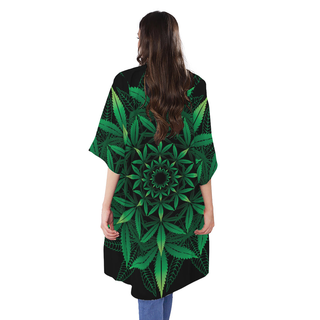 Cannabis Leaf Mandala Print Open Front Beach Cover Up