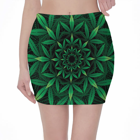 Cannabis Leaf Mandala Print Pencil Mini Skirt
