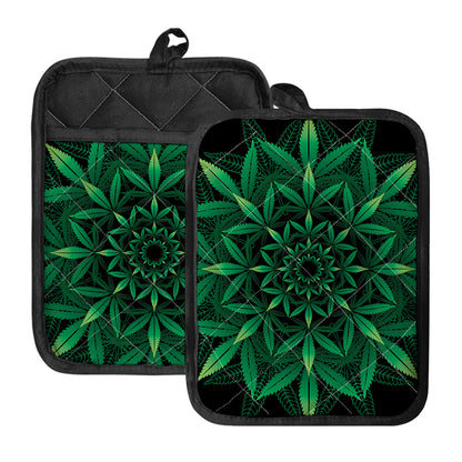 Cannabis Leaf Mandala Print Pot Holders With Pocket
