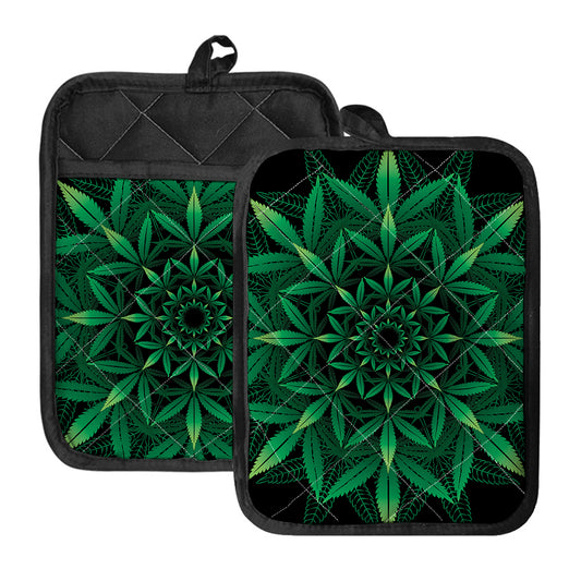 Cannabis Leaf Mandala Print Pot Holders With Pocket