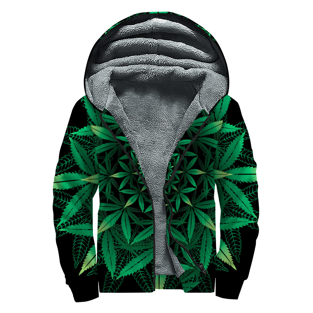 Cannabis Leaf Mandala Print Sherpa Lined Zip Up Hoodie
