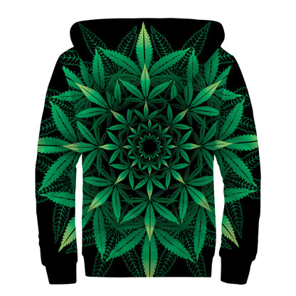 Cannabis Leaf Mandala Print Sherpa Lined Zip Up Hoodie