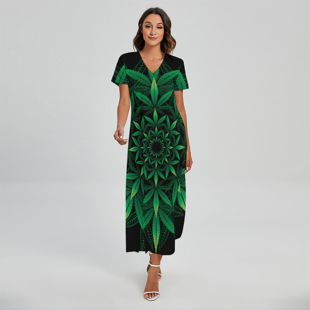 Cannabis Leaf Mandala Print Short Sleeve Maxi Dress