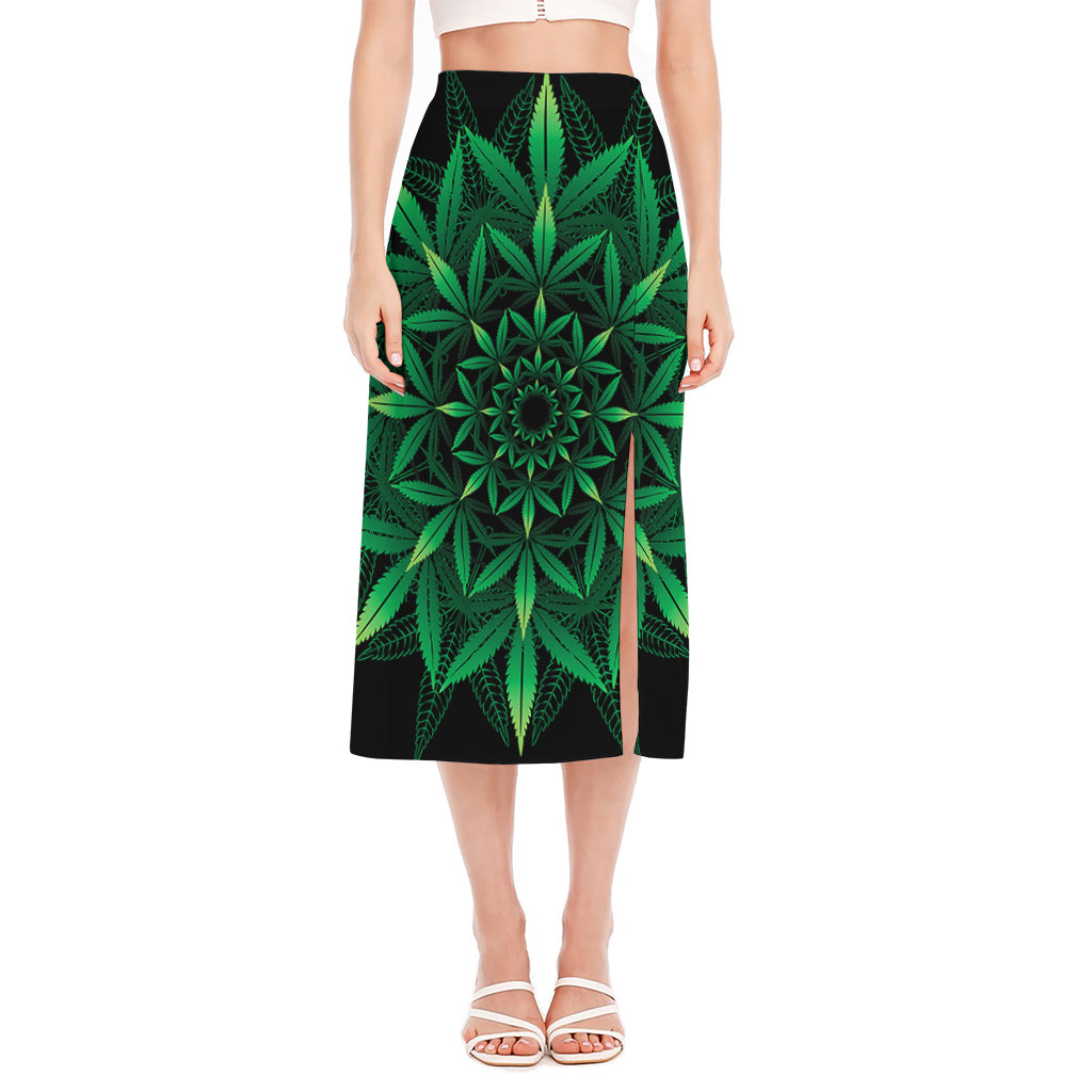 Cannabis Leaf Mandala Print Side Slit Midi Skirt