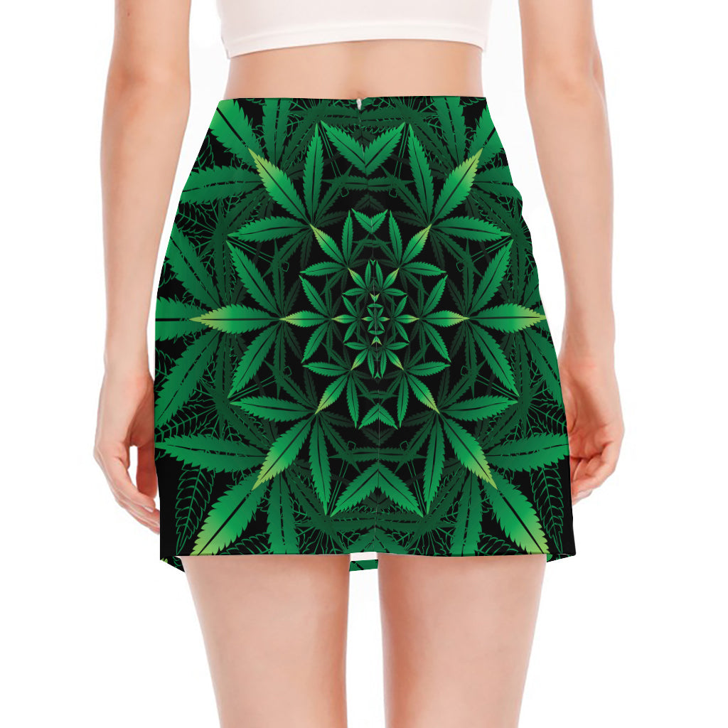 Cannabis Leaf Mandala Print Side Slit Mini Skirt